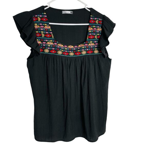 Dorose Boho Blouse Top Womens XL Black Embroidered Square Neck Cottagecore - Picture 2 of 9
